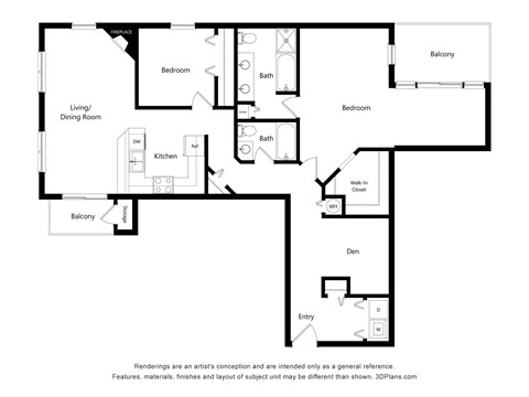 Floor plan for 2 beds, 2 baths, 1371 sqft